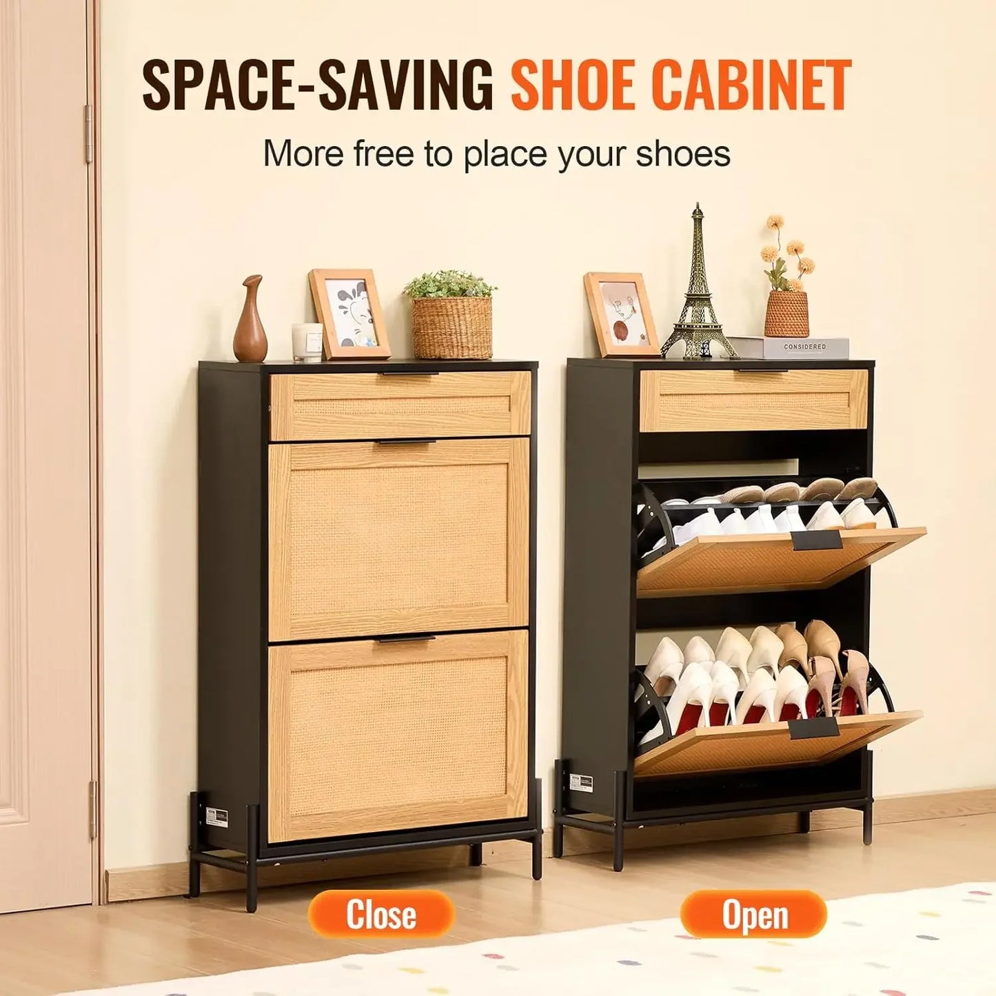 Rattan Shoe Cabinet Narrow Storage Organizer with Flip Drawers Metal Legs