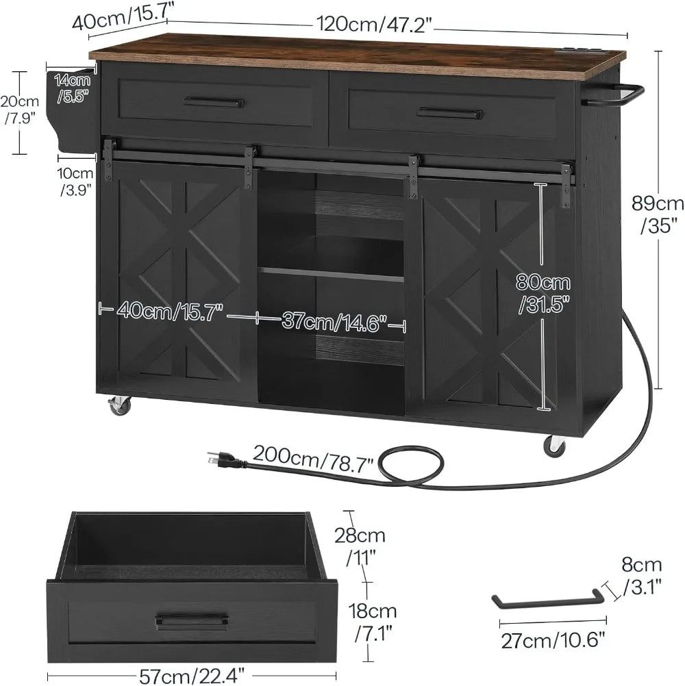 Kitchen Island Cart with Storage Power Outlet Rolling Barn Doors