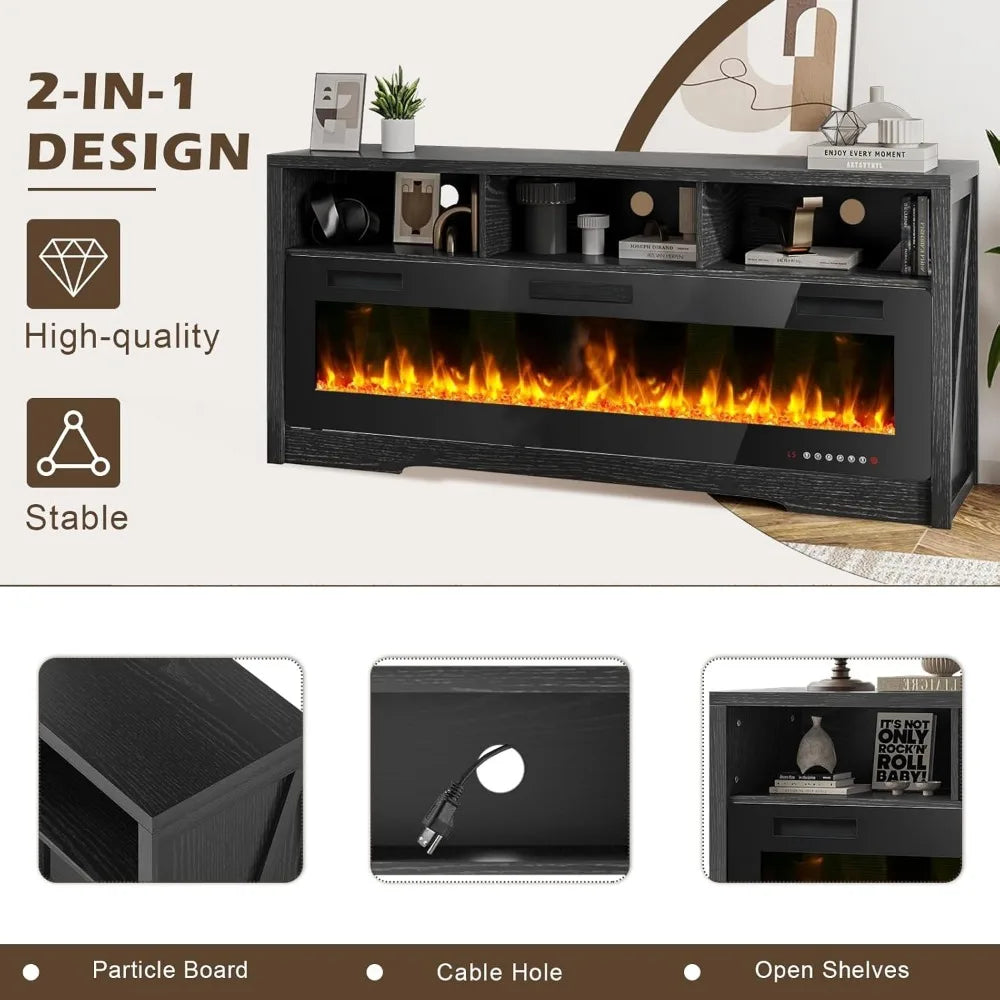 65 Inch Fireplace TV Stand with Open Storage for Living Room