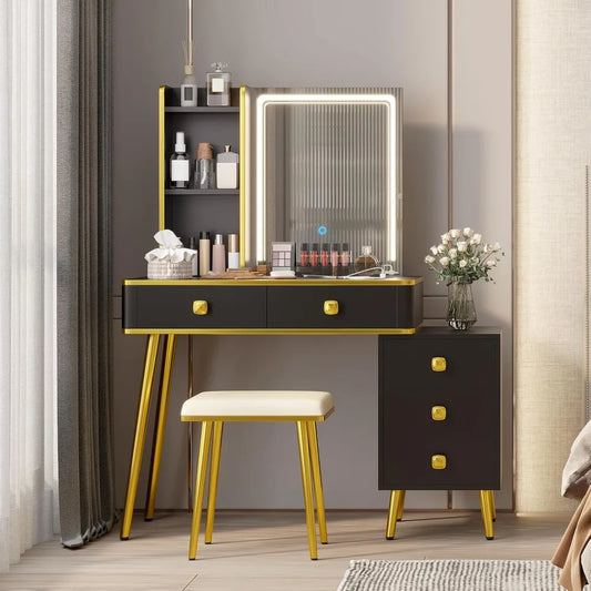 Ljustra Vanity Desk with Mirror Lights Charging Station 5 Drawers Shelves