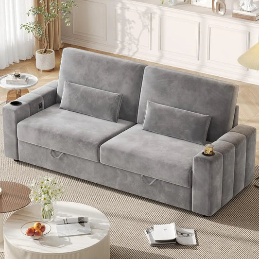 88 Inch Modern Velvet Recliner Sofa with Storage and Charging Ports
