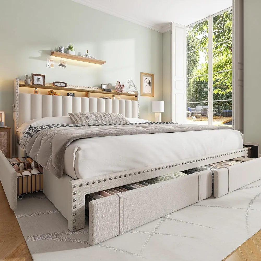 Ljustra King Size Bed Frame with 4 Storage Drawers Upholstered Support