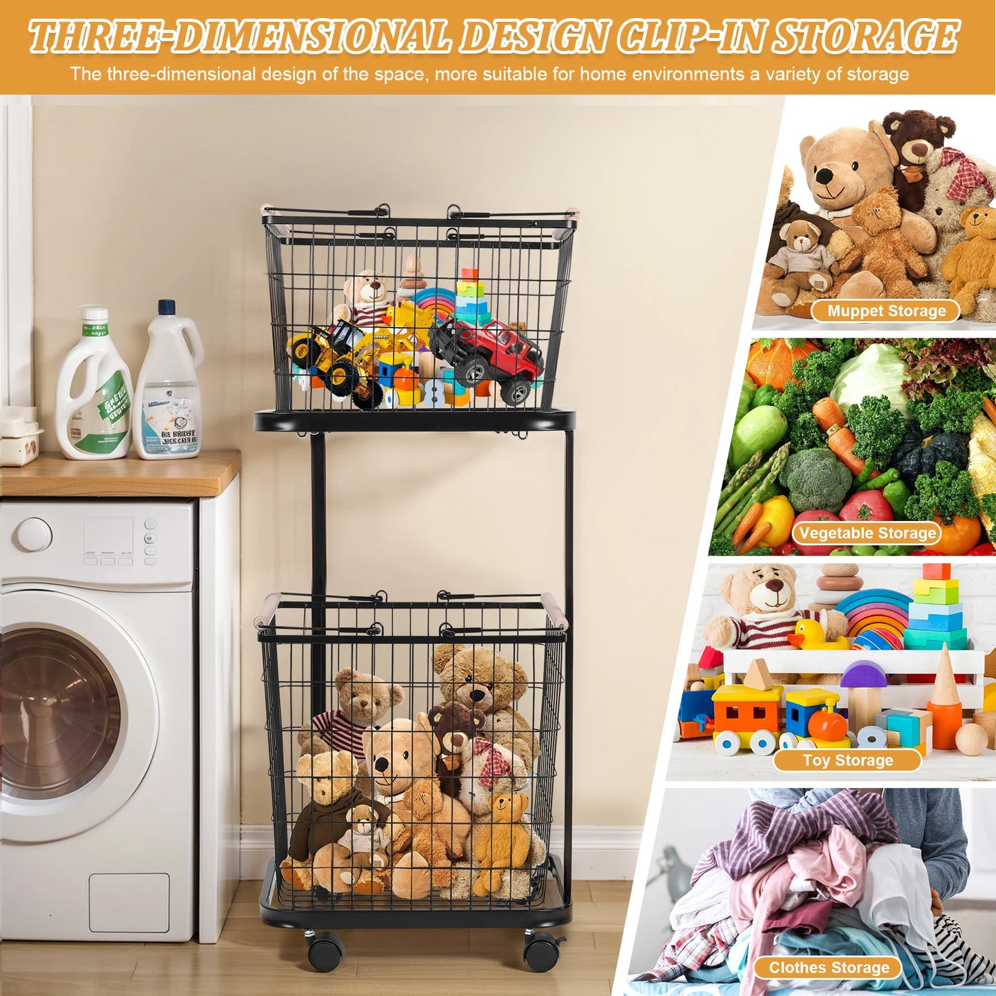 2 Tier Rolling Laundry Basket with Wheels Metal Storage Cart Hamper