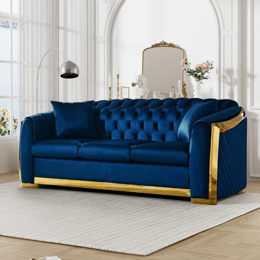 Ljustra Mid Century Modern Chesterfield Sofa Blue Gold Velvet Couch