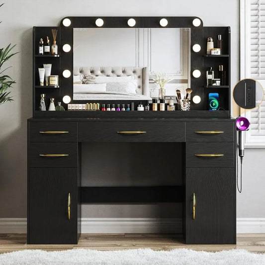 Large Makeup Desk with Lights Mirror Power Outlet 5 Drawers 2 Cabinets