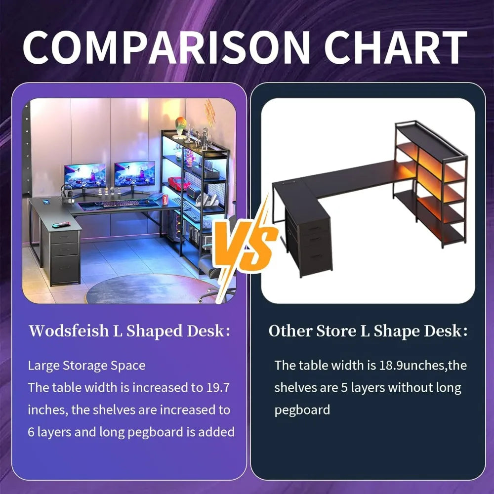 L Shaped Corner Desk with Drawers LED Lights Gaming Office Storage