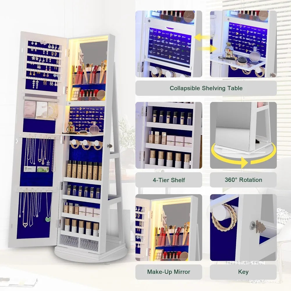 360° Swivel Jewelry Organizer with LED Mirror Storage Cabinet