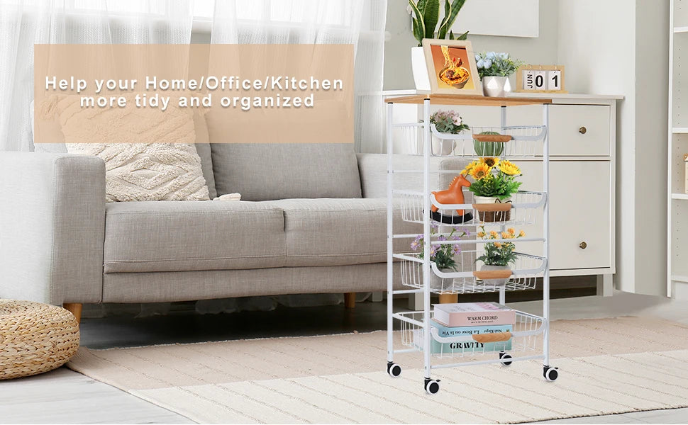 5 Tier Rolling Metal Cart with Drawers Wheels Multi Room Storage