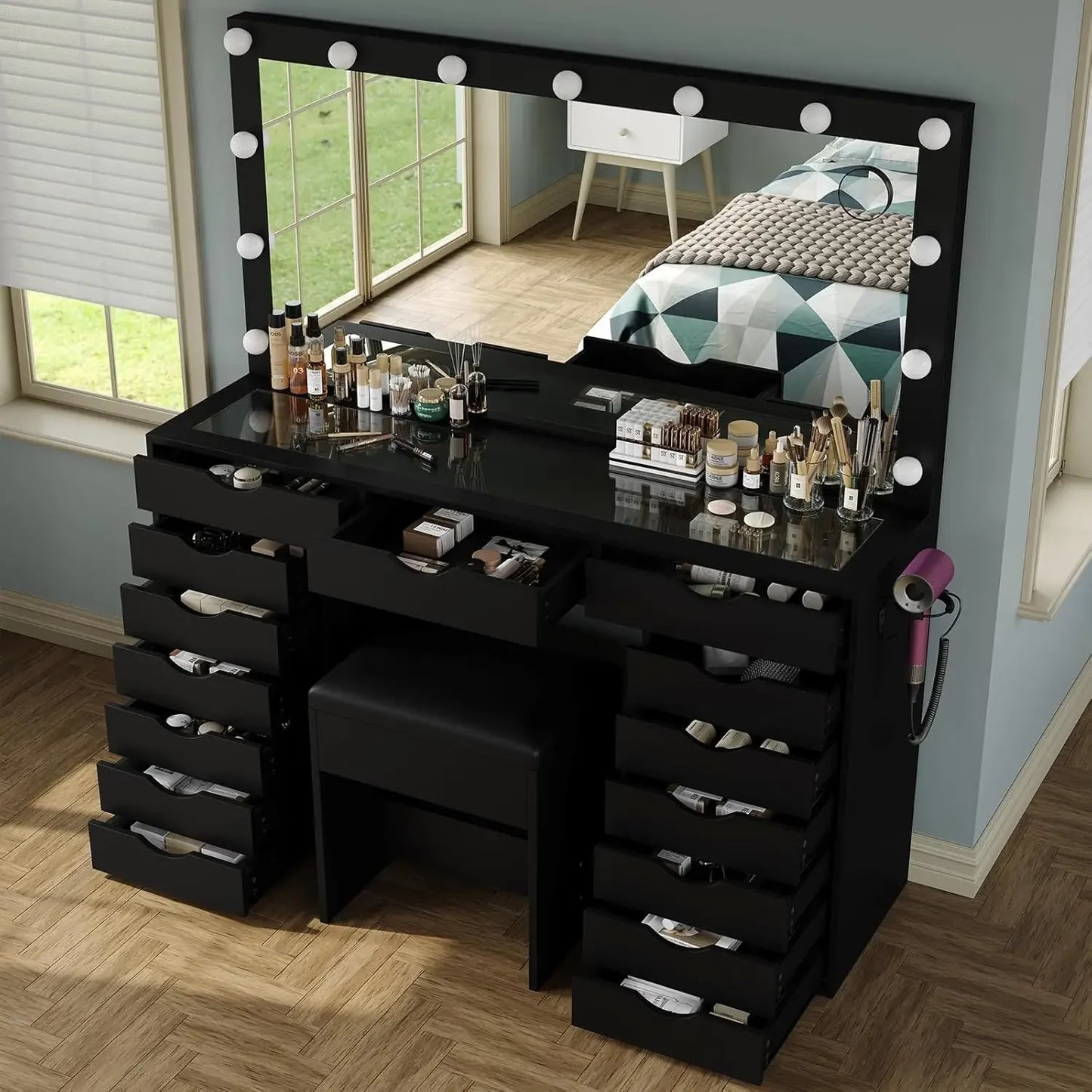 Vanity Desk with Mirror Lights Makeup Table Charging Station 15 Drawers