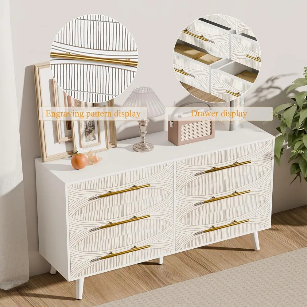White Dresser for Bedroom Storage 6 Drawers Modern Chest of Drawers