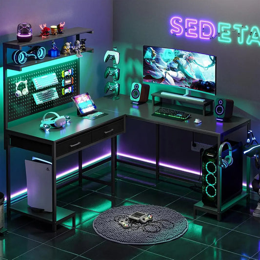 L Shaped Gaming Desk with LED Lights Hutch Monitor Stand Corner Table