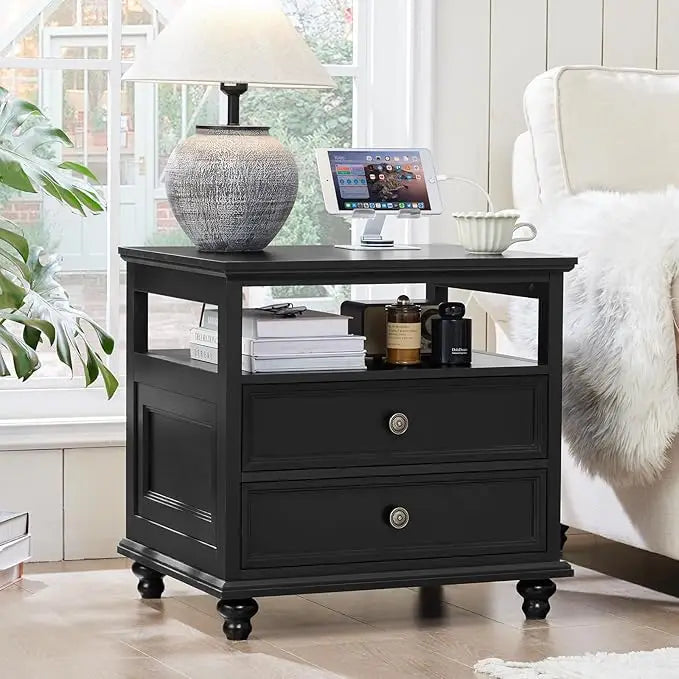 Farmhouse Nightstand with Charging Station 2 Drawers White End Table
