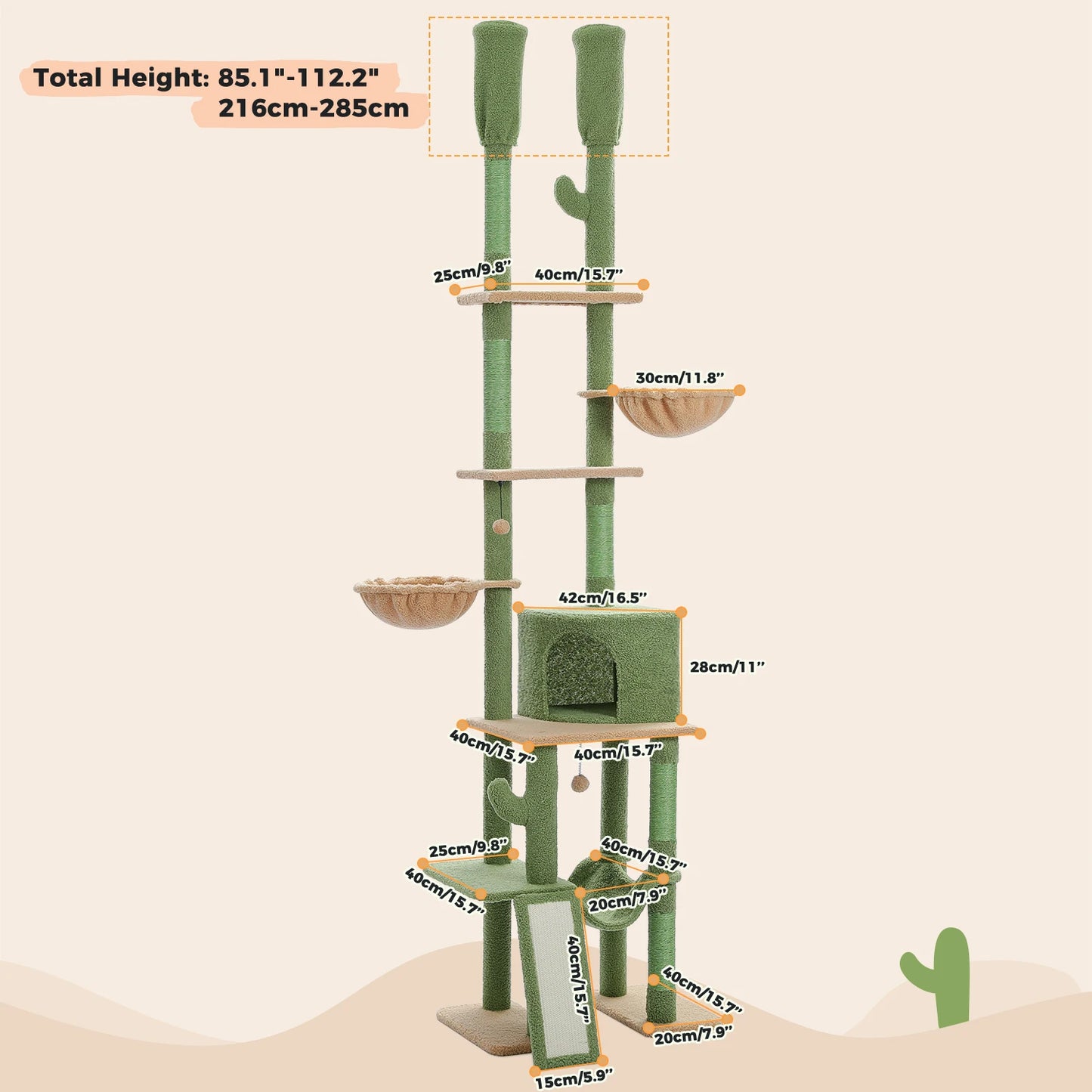 Cactus Cat Tree Floor to Ceiling 7 Tiers Adjustable Height 216-285CM