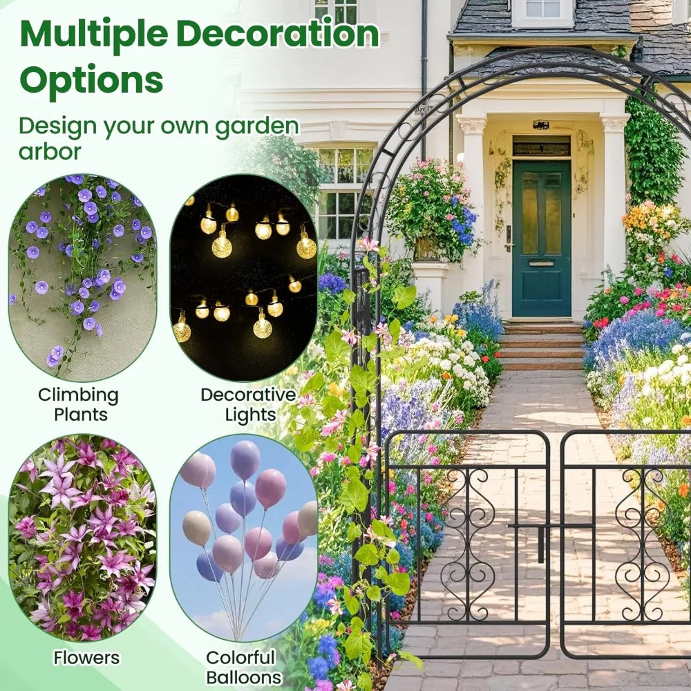Garden Arbor with Gate Metal Arch Trellis for Climbing Plants 84" H