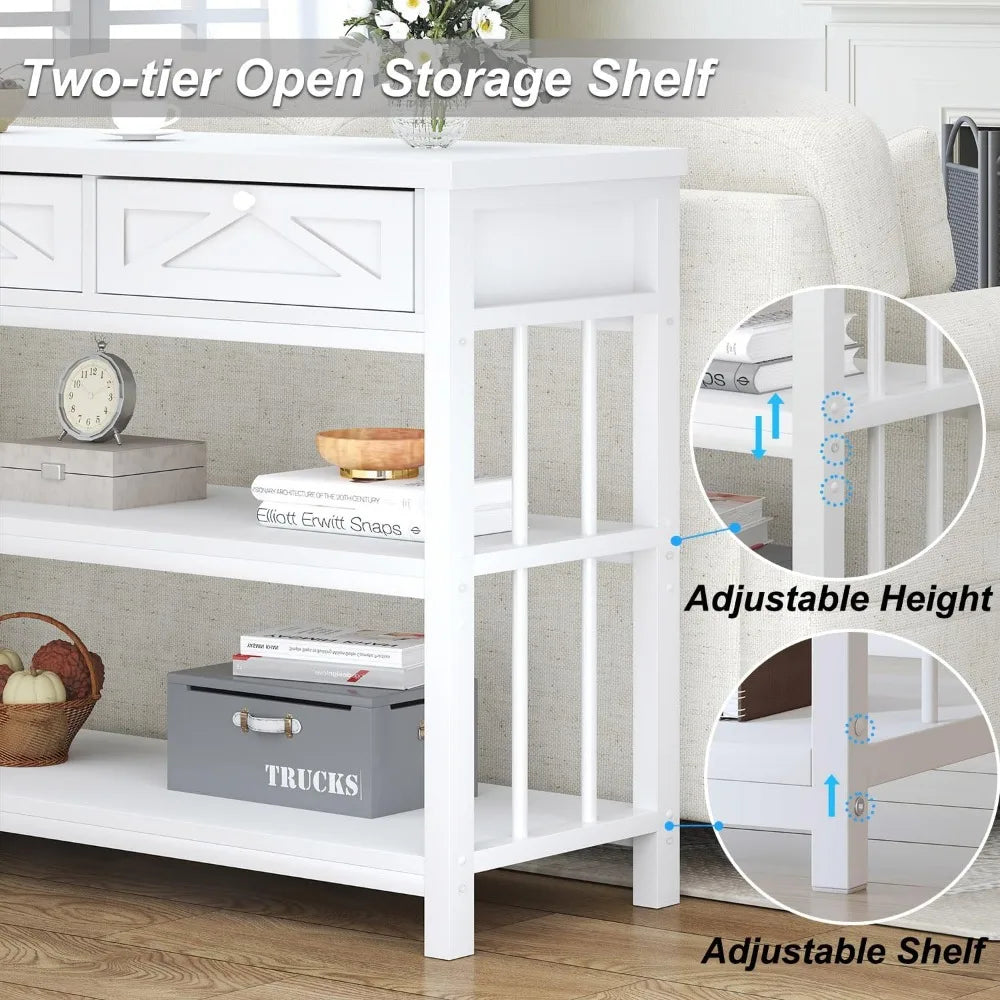 Modern White Entryway Table with 3 Drawers and Storage Shelf