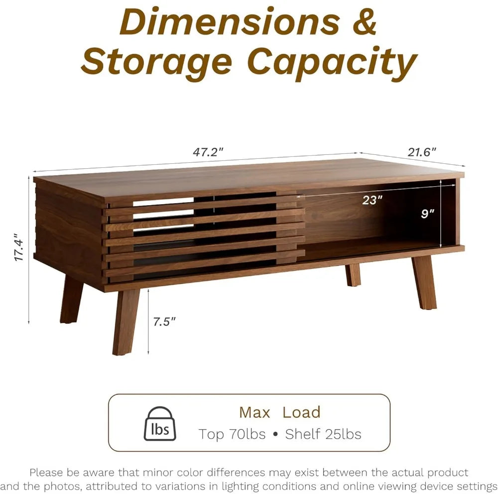 Mid Century Coffee Table with Storage Sliding Door Modern Living Room