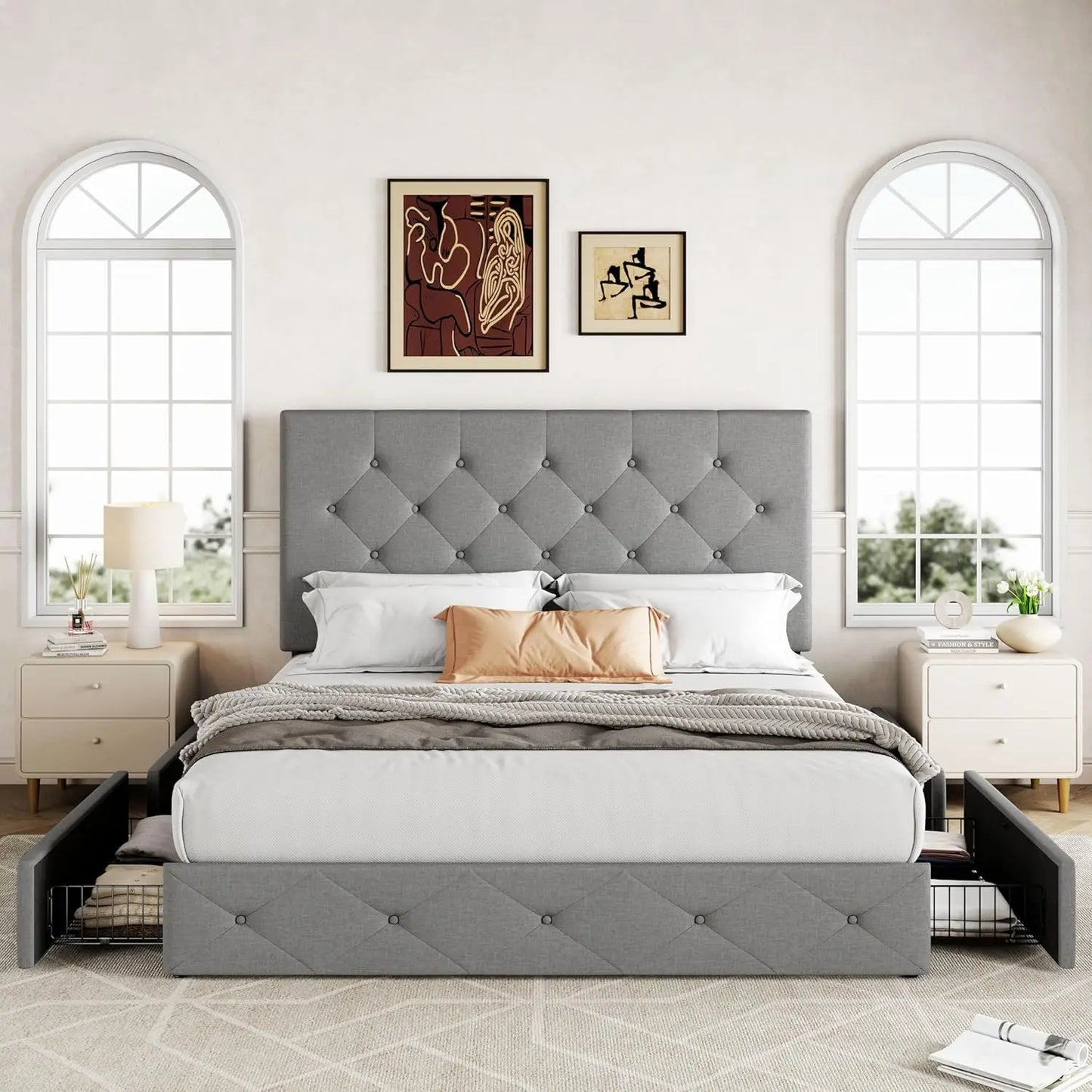 Queen Size Platform Bed Frame with Storage Drawers and Adjustable Headboard