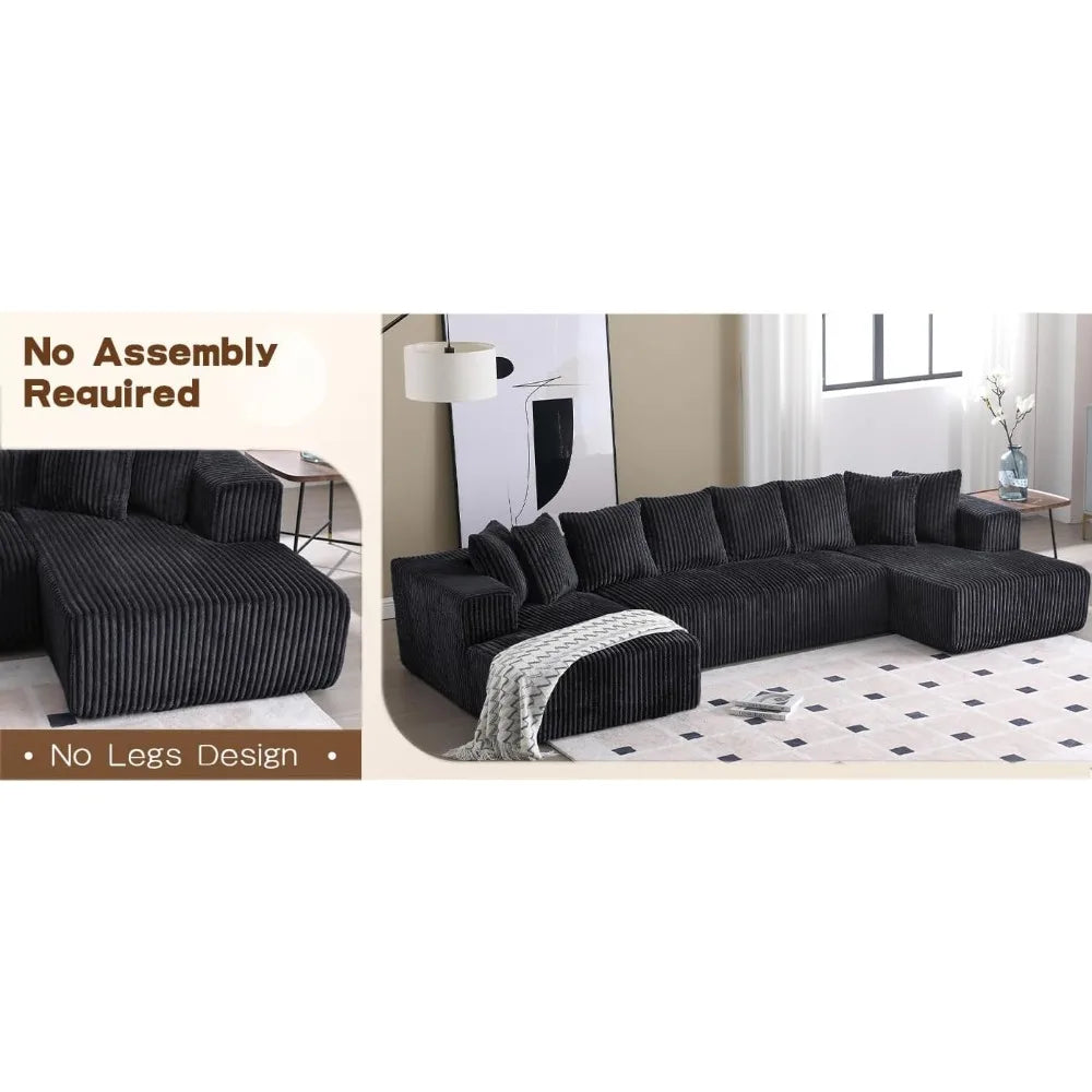 Modern Black U-Shaped Corduroy Sectional Sofa w/ Chaise Lounges, 130" Wide