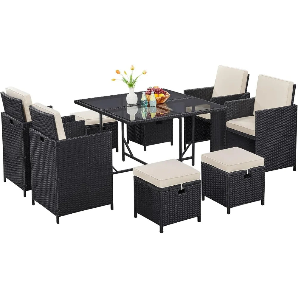 9-Piece Outdoor Rattan Dining Set Space Saving Wicker Furniture