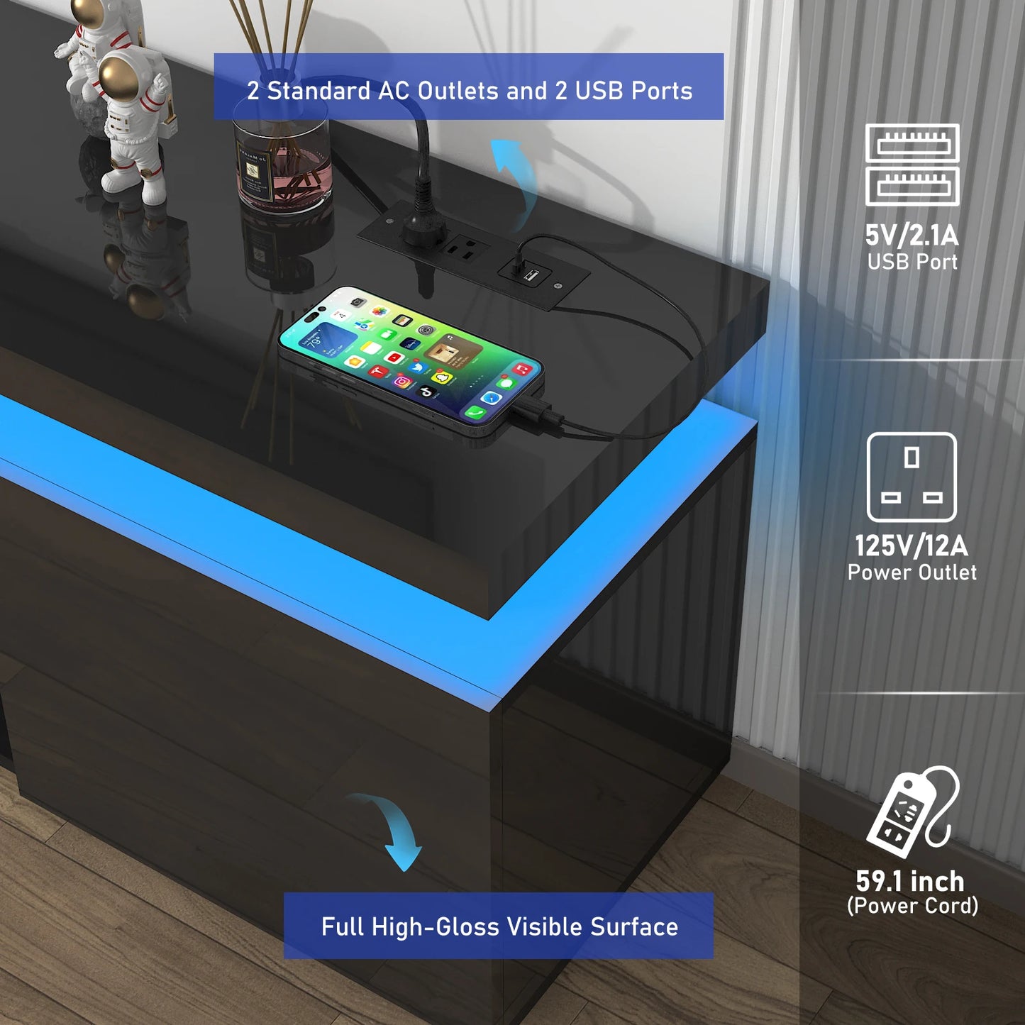 66 Inch LED TV Stand Modern Gaming Cabinet with Power Outlet Storage