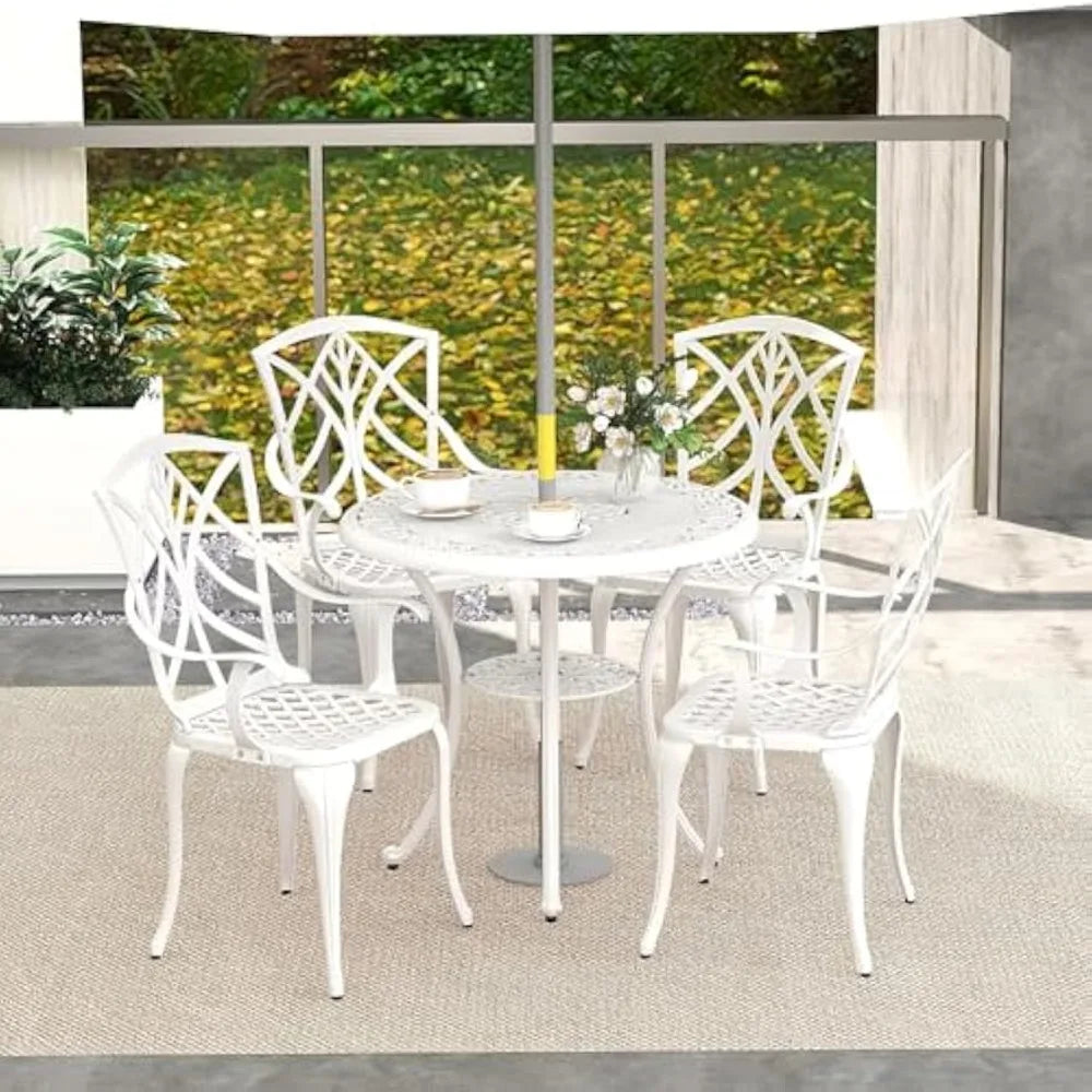 5 Pieces Cast Aluminum Outdoor Dining Set Round Table with Umbrella Hole