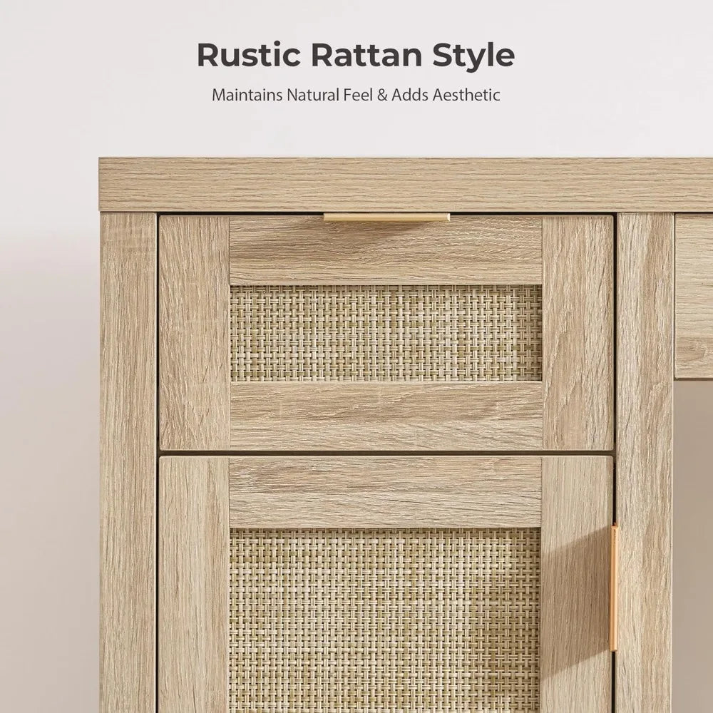 Rattan Vanity Desk 52" Large Boho Makeup Dressing Table with Storage