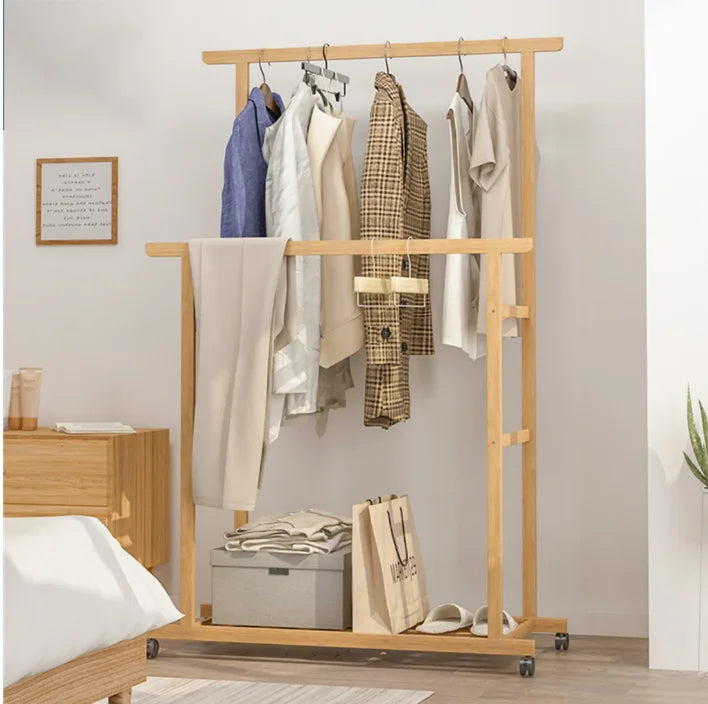 Ljustra Bamboo Clothes Rail Double Hanging Rack on Wheels with Shelves