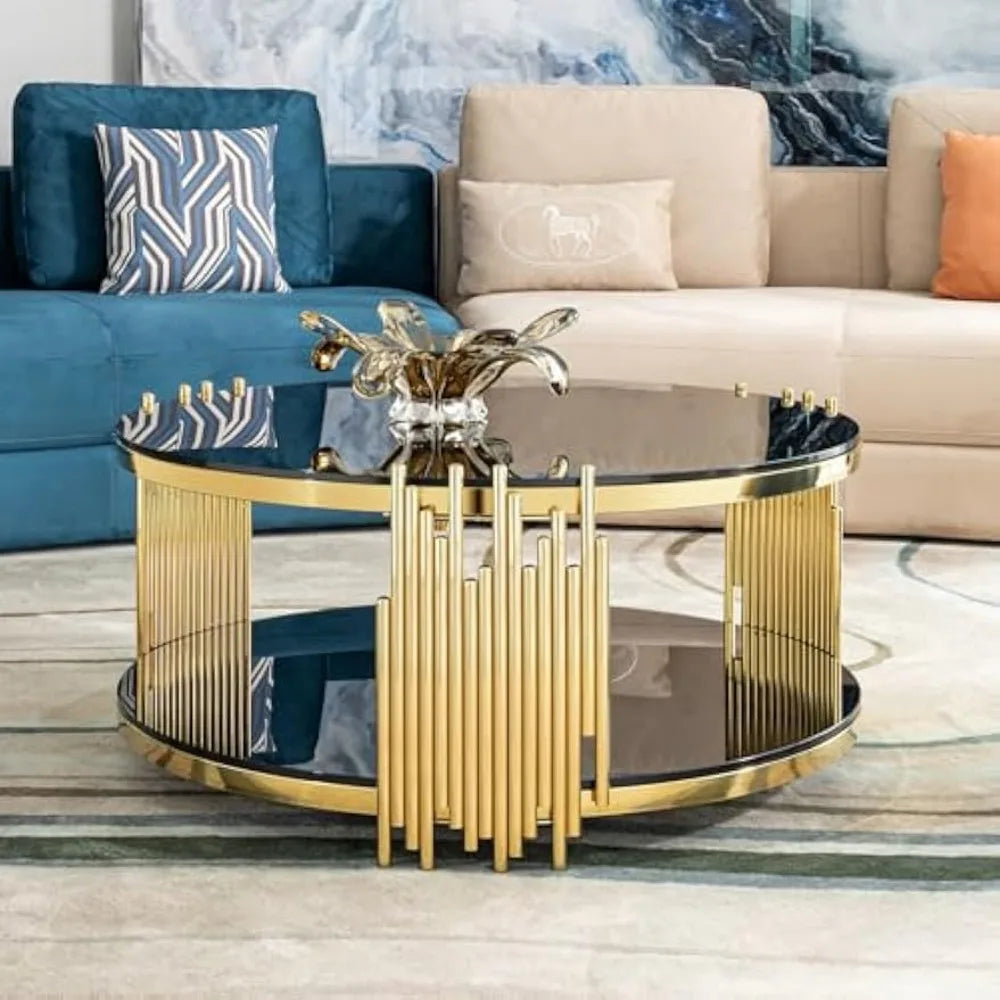 Luxury Modern 2 Tier Round Coffee Table Black Glass Gold Frame