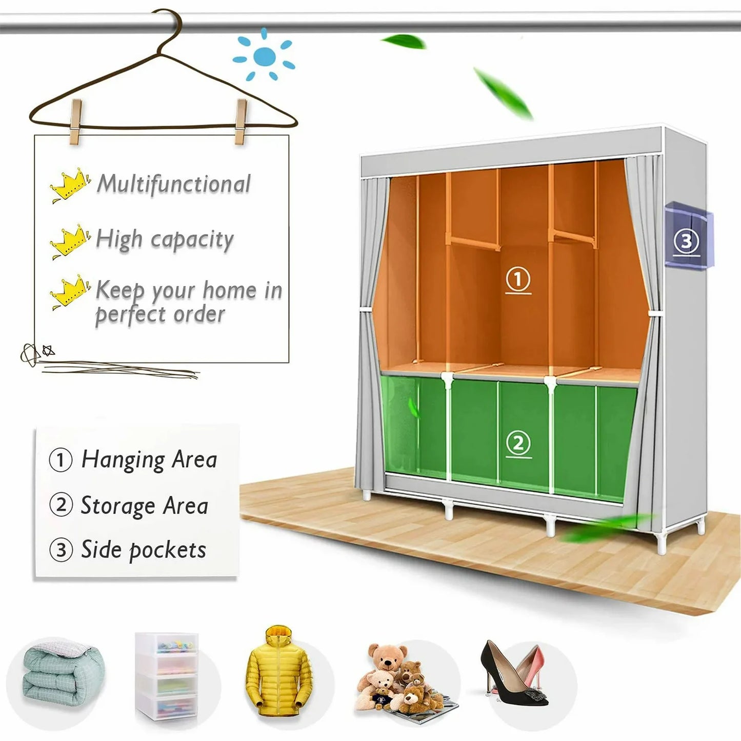 Portable Closet Organizer Rack Clothes Storage Shelf Easy Assembly