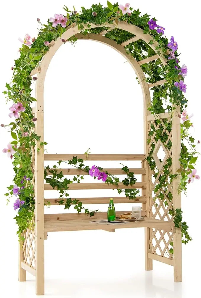 Ljustra 81.5 Inch Wooden Garden Arch with 2 Person Bench Outdoor Decor
