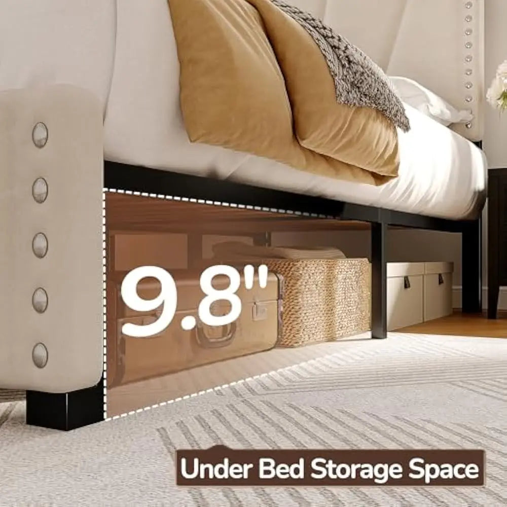 LED Bed Frame Velvet Storage Headboard with Charging Station Easy Assembly