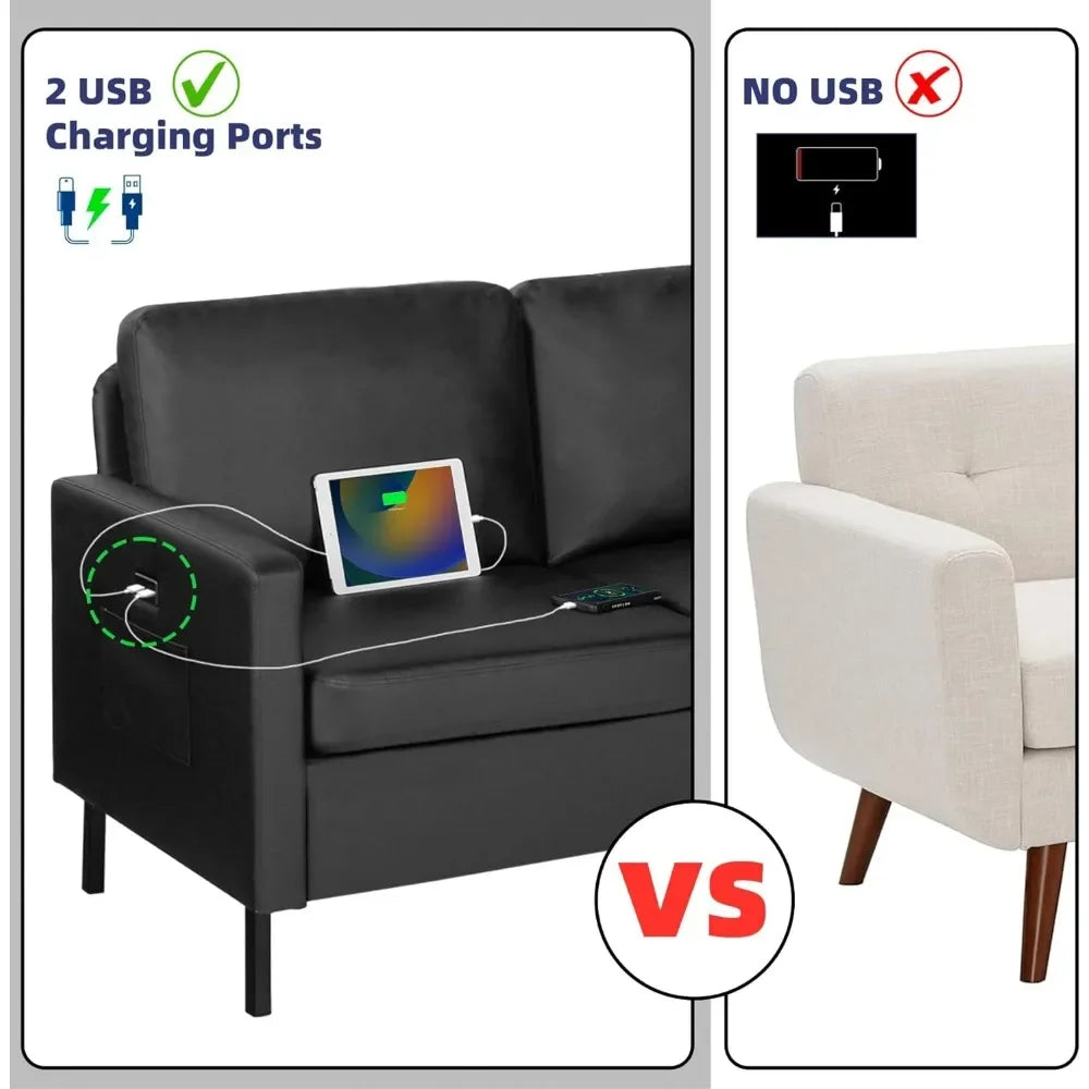 72" Faux Leather Sofa Couch with USB Ports & Storage for Living Room