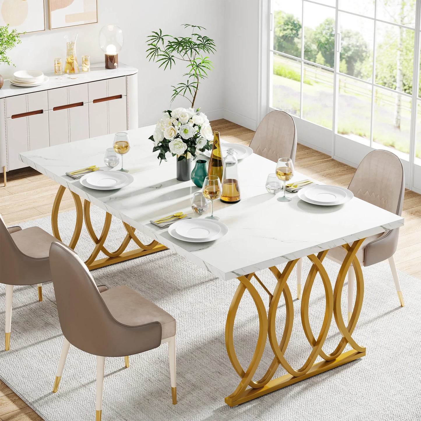 Ljustra 63 Inch Dining Table Rectangular Kitchen Faux Marble Modern Design