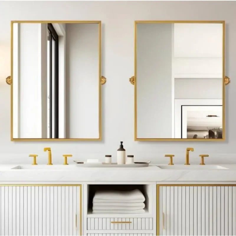 Gold Pivot Bathroom Mirror 38x26 Tilted Beveled Vanity Wall Mirror