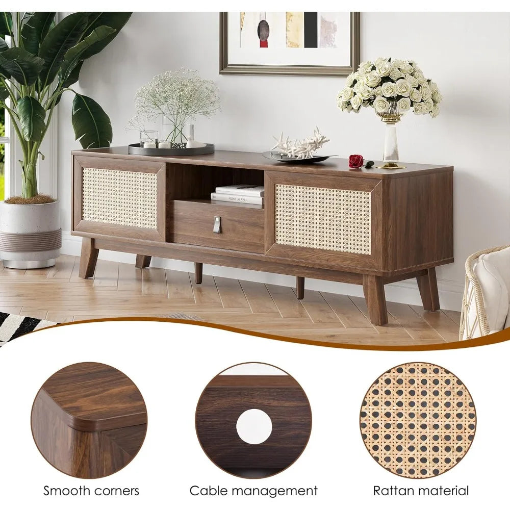 Rattan TV Stand Mid Century Modern Media Console with Drawer and Cabinets
