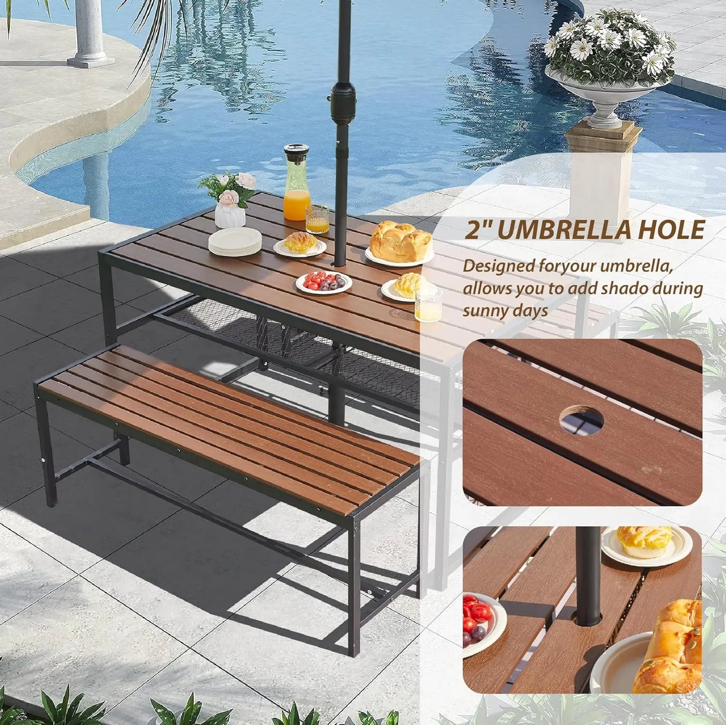 Outdoor Picnic Table Set with Umbrella Hole and Storage Shelf for 6