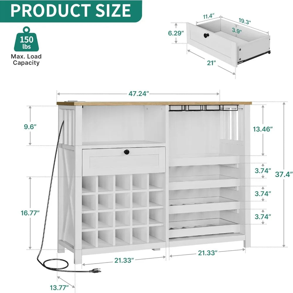 Wine Bar Cabinet with LED Light and Power Outlet Kitchen Buffet Sideboard