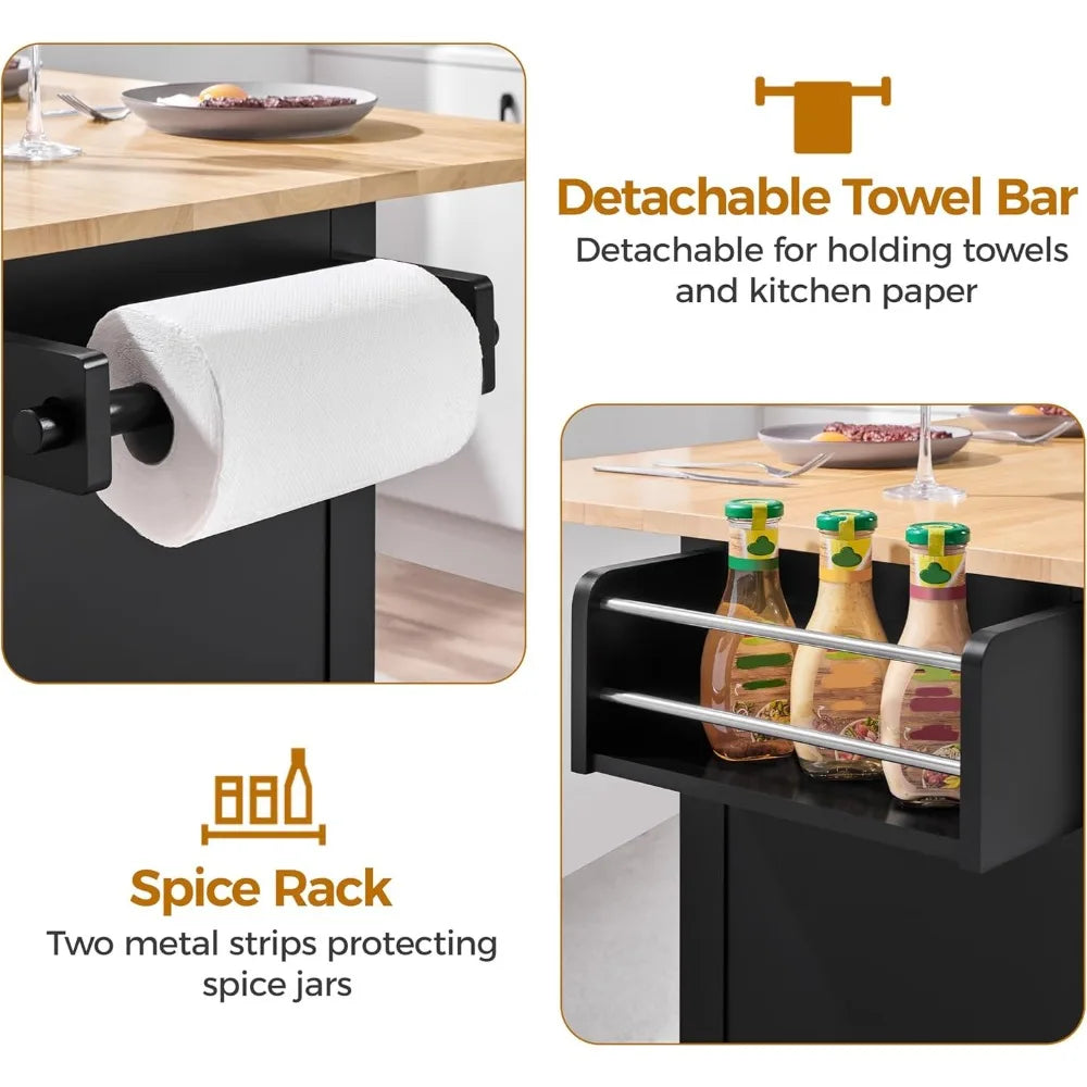 Rolling Kitchen Island Cart 49" on Wheels with Storage Cabinet Drawers