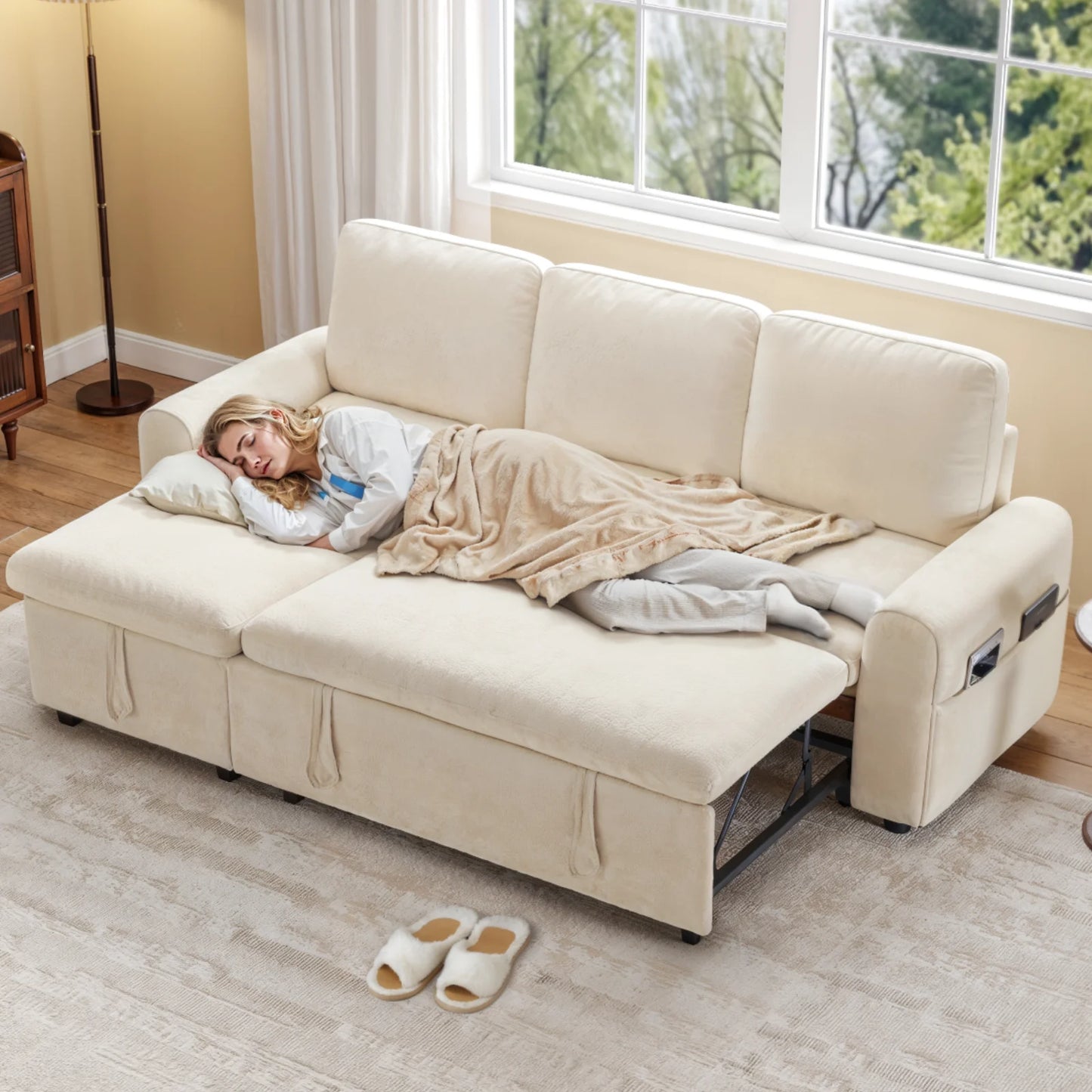 Ljustra L Shaped Sleeper Sofa Pull Out Couch Bed with Storage Chaise