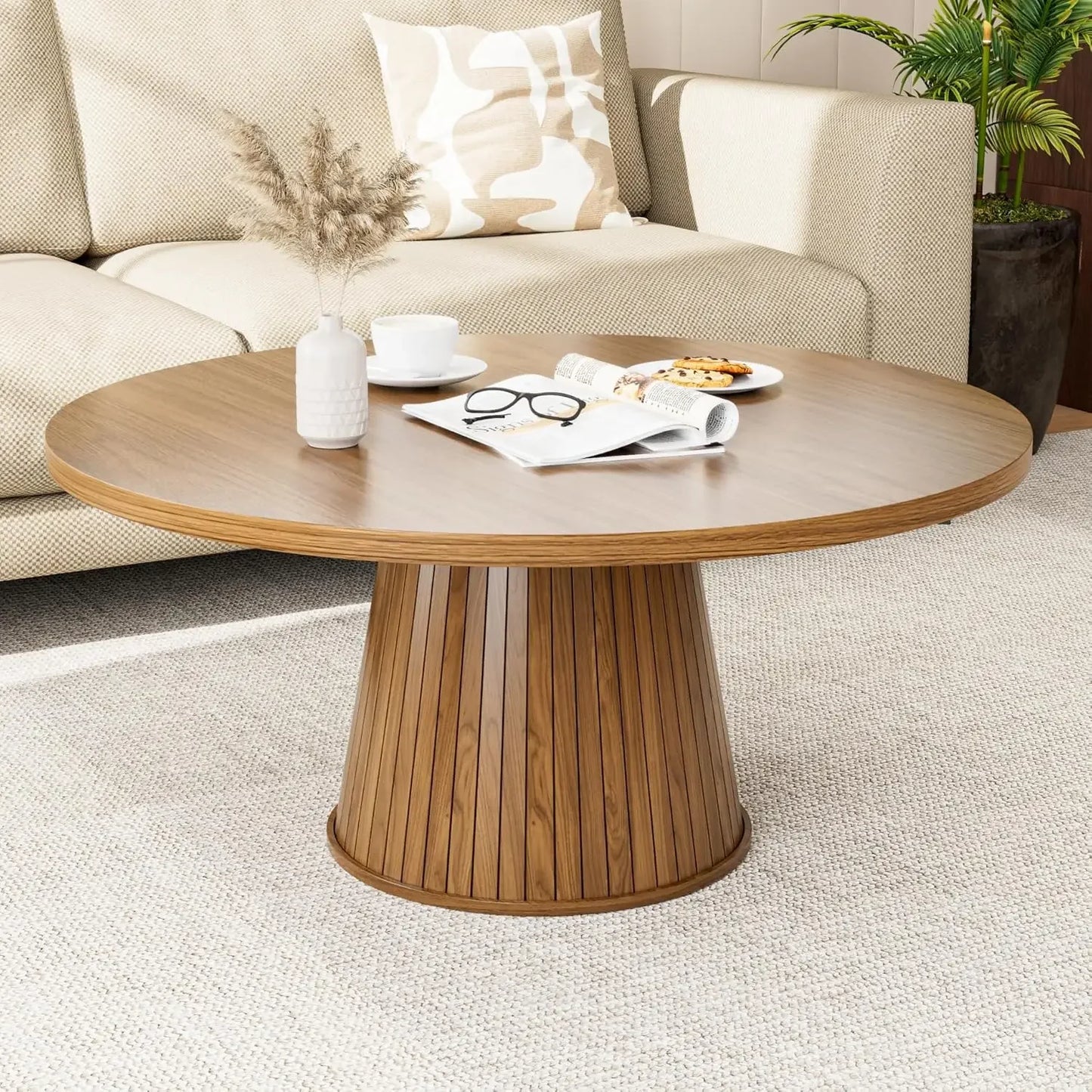 Mid Century Modern Wood Coffee Table Fluted Circle Living Room Accent