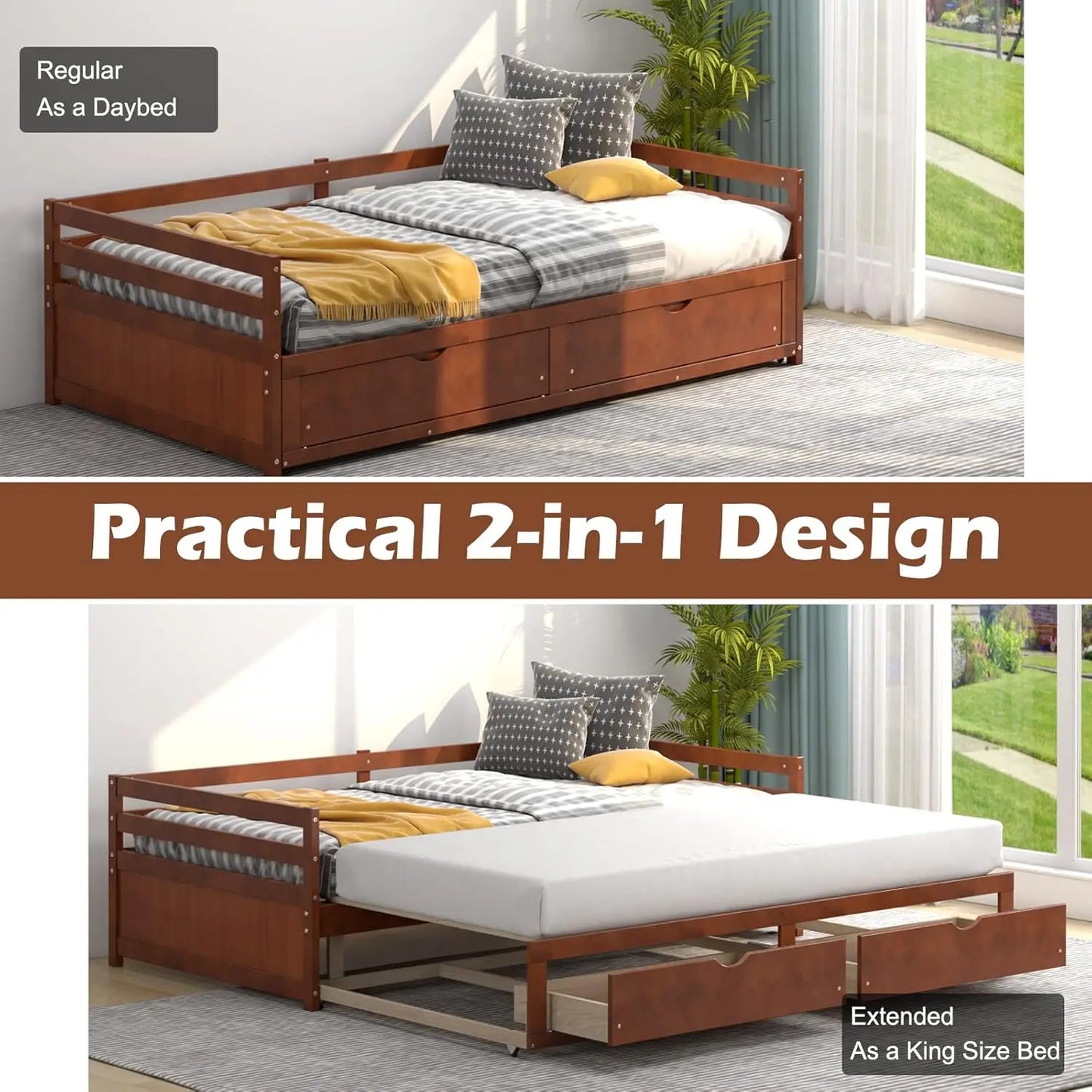 Twin to King Daybed with Trundle and Storage Drawers Modern Sofa Bed