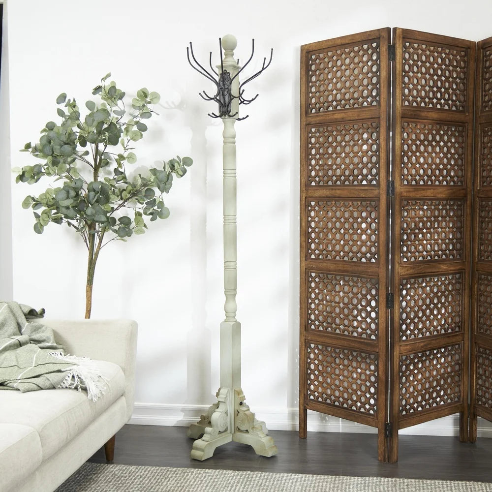 Freestanding Vintage Style Gray Wood Coat Rack 24 Hooks Entryway Storage