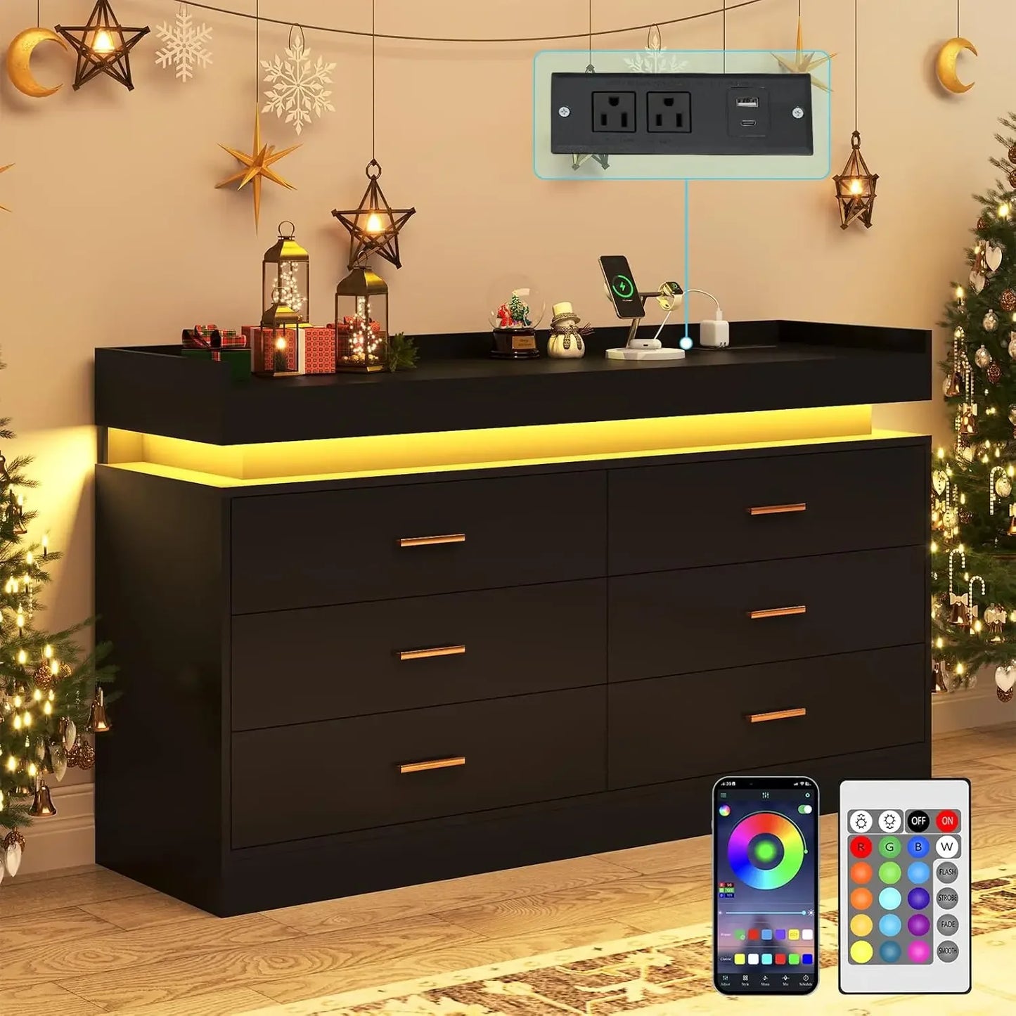 9 Drawer Dresser with Charging Station LED Lights Organizer Cabinet