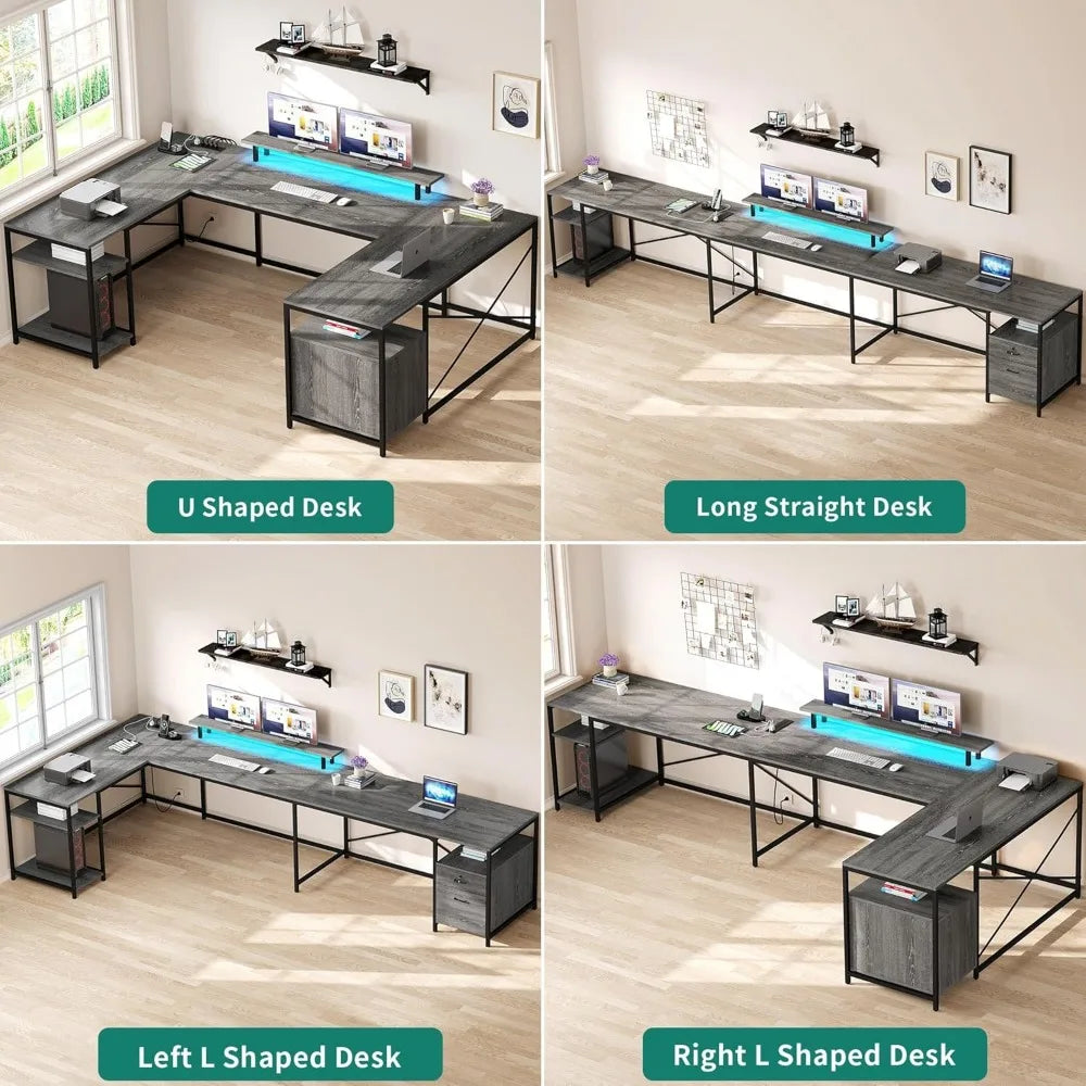 U Shaped Desk with Power Outlets LED Lights Reversible L Shaped Desk
