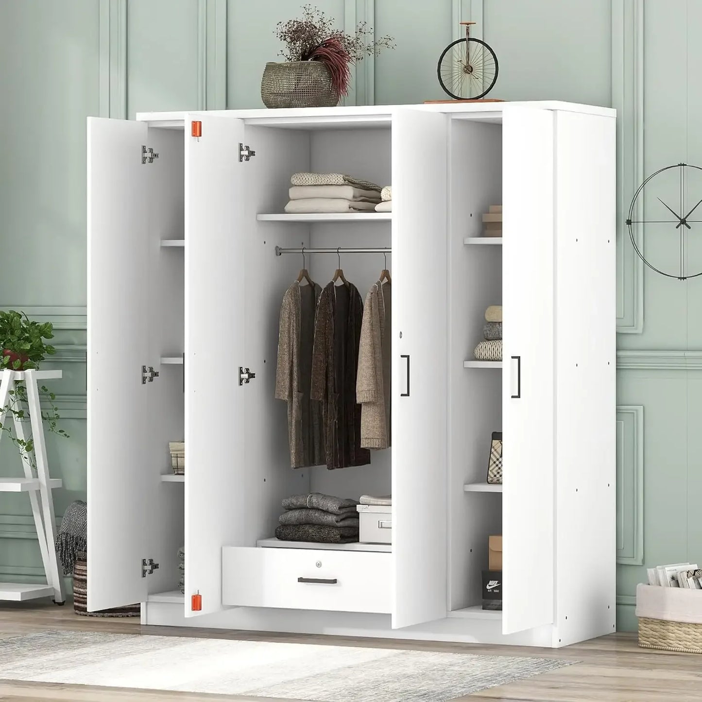4-Door Wardrobe Armoire Closet with Drawers Shelves Hanging Rail