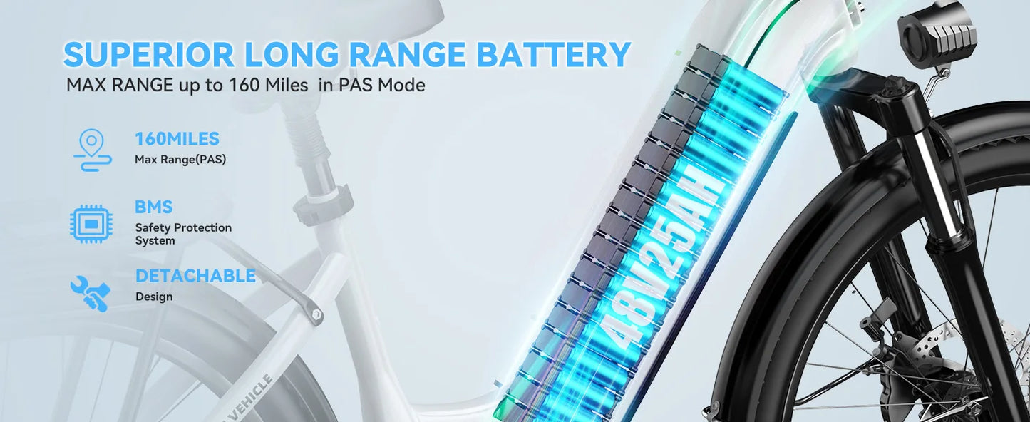 Ljustra 26 Inch Electric Bike 1000W Peak 80 Miles Removable Battery