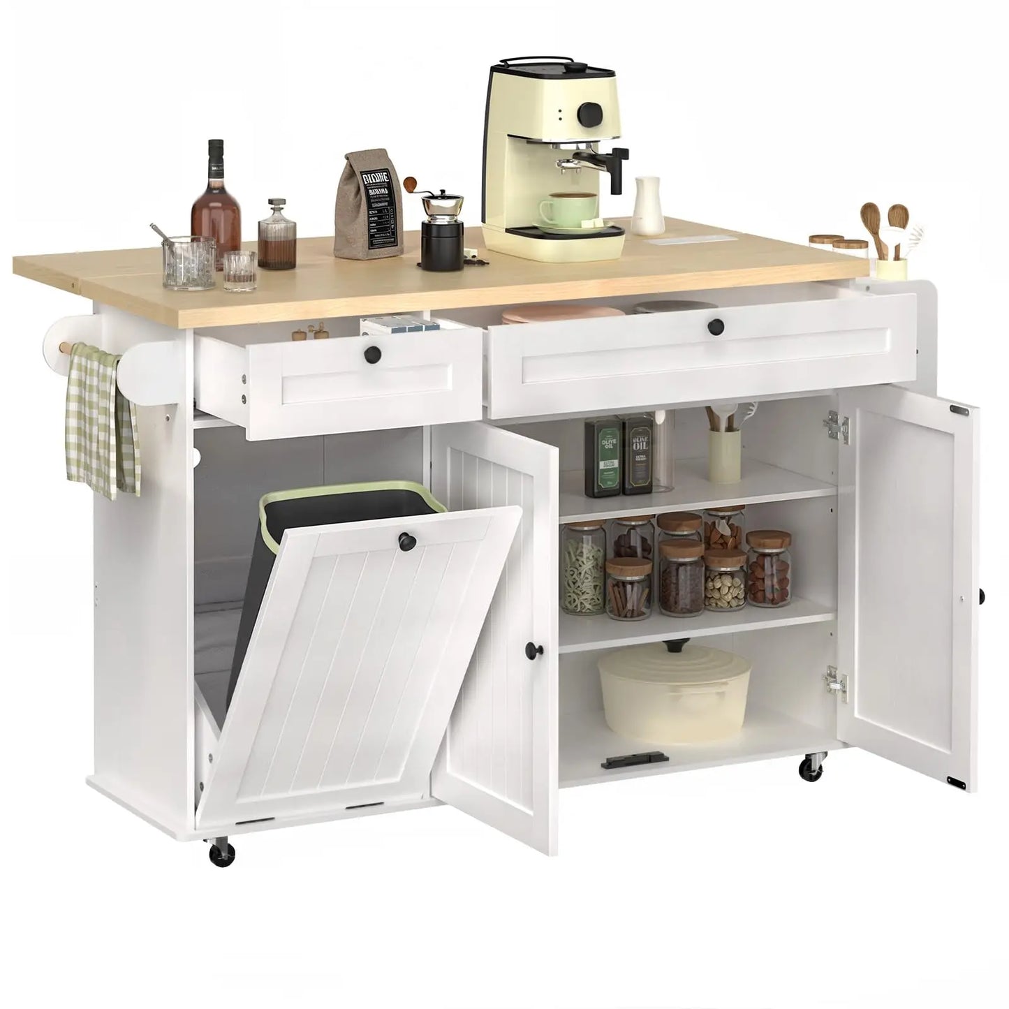 60" Mobile Kitchen Island Rolling Trolley with Power Outlet and Spice Rack