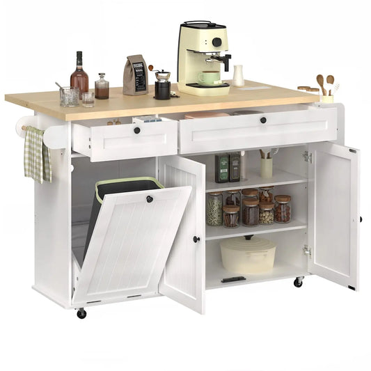 60" Mobile Kitchen Island Rolling Trolley with Power Outlet and Spice Rack