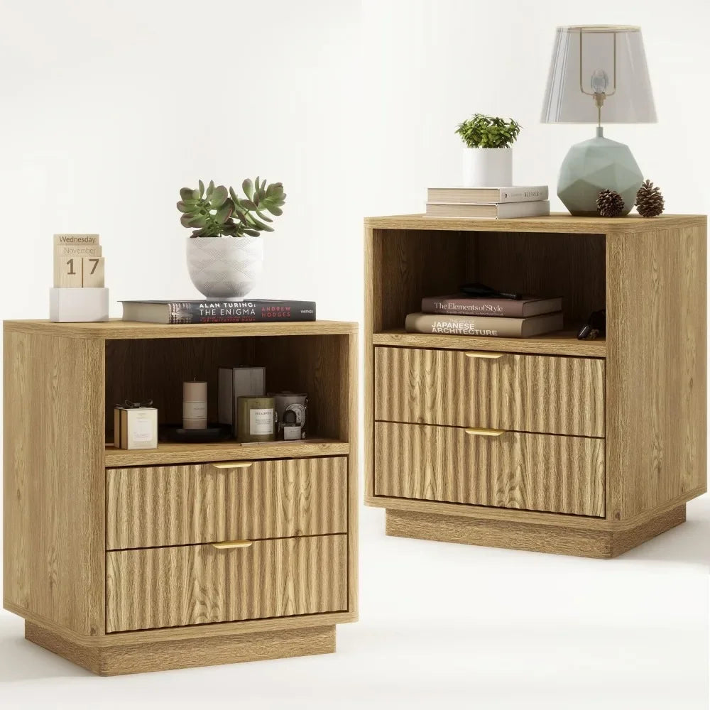 Fluted Nightstands Set of 2 Modern Wooden Bedside Tables Storage Drawers