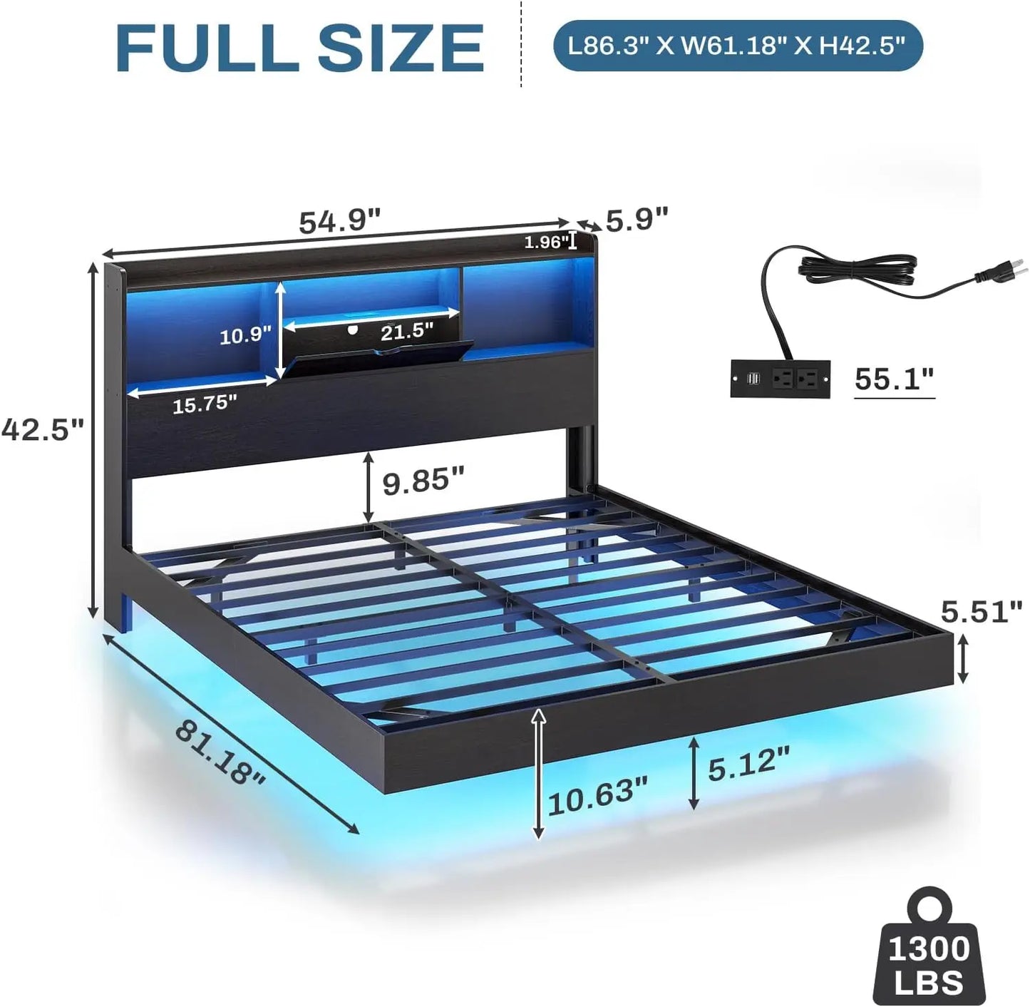 Full Floating Bed Frame with LED Lights Headboard Storage Full Size